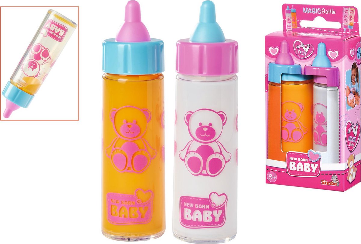 New Born Baby - 2 Magische baby flesjes - jus en melk - 12 cm - vanaf 3 jaar
