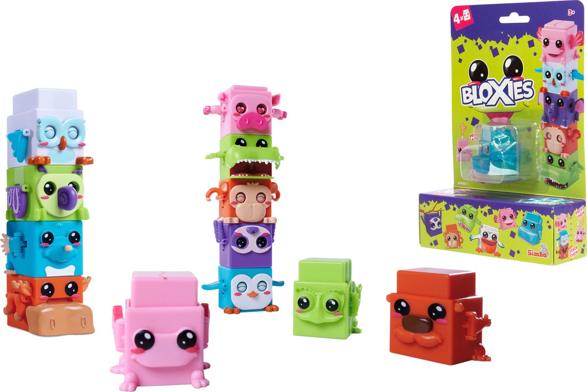 Simba - Bloxies - Wave 1 - 4 stuks - Verzamelfiguren - Stapeltoren - Grappige dieren - Bouwstenen