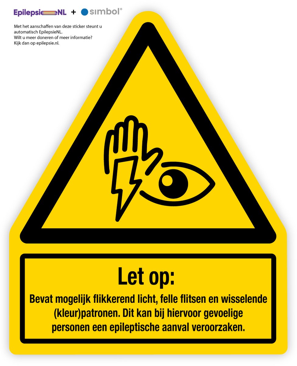 Simbol® - Stickers Waarschuwing Flitsend licht en patronen (epilepsie) met onderbord - Formaat 15 x 18,5 cm.