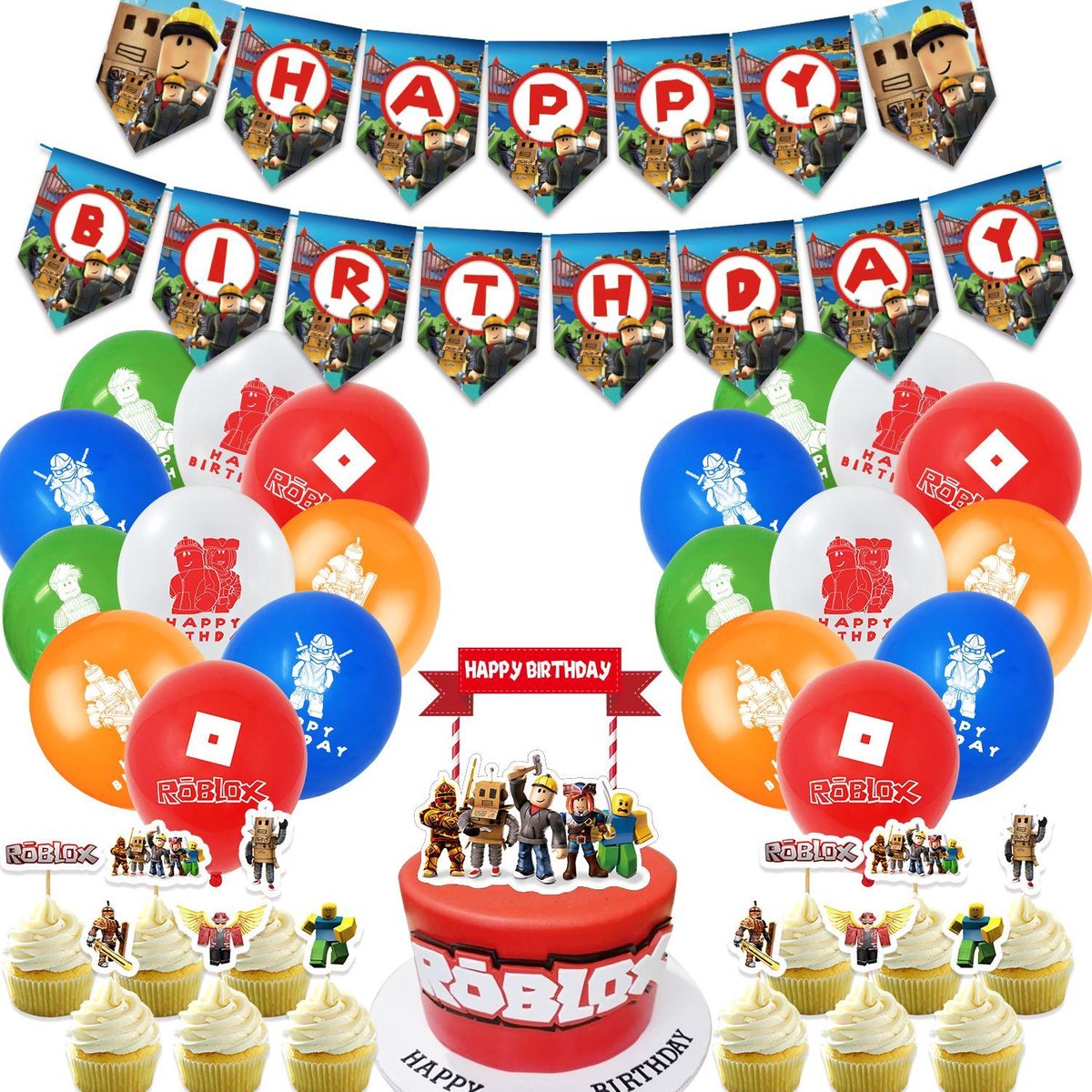 Roblox Ballonnen Feest pakket Deluxe - Ballon - Vlaggenlijn - Slinger - Cake topper prikker - Taart versiering -  Verjaardagspakket - Verjaardag - Kinderfeestje - Themapakket - Versiering -  46 items