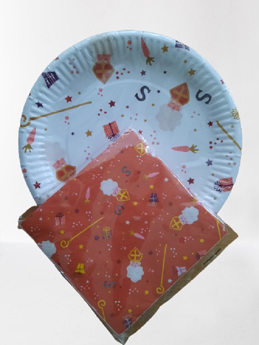 8 Sinterklaas bordjes met 20 servetten- Witte bordjes met rode servetjes voor Sinterklaasfeest 5 december