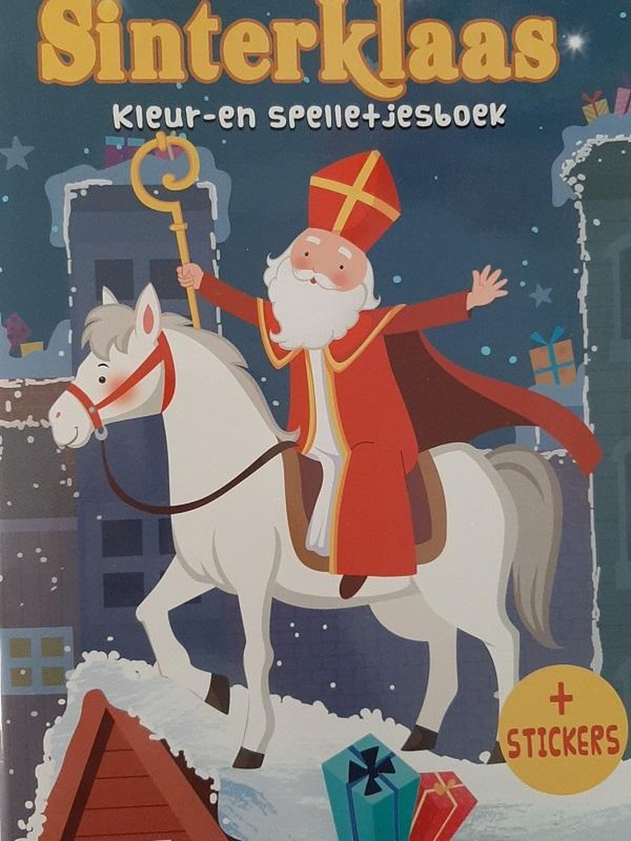 Groot Sinterklaas Kleur- en spelletjesboek met Stickers A4, kleurplaten, zoek de verschillen, kleur op nummer etc