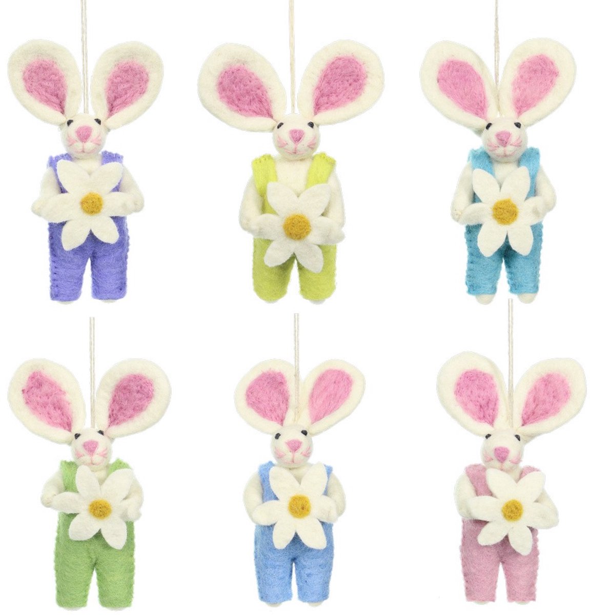 Hanger vilten haasjes met margrietjes - set van 6 kleuren