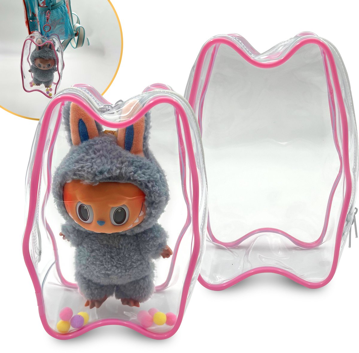 SkeJo Labubu Case Tas Roze – Transparante Hardcase met Hanger voor Labubu Figurine / Keychain Accessoire - Labubu Cola Staand