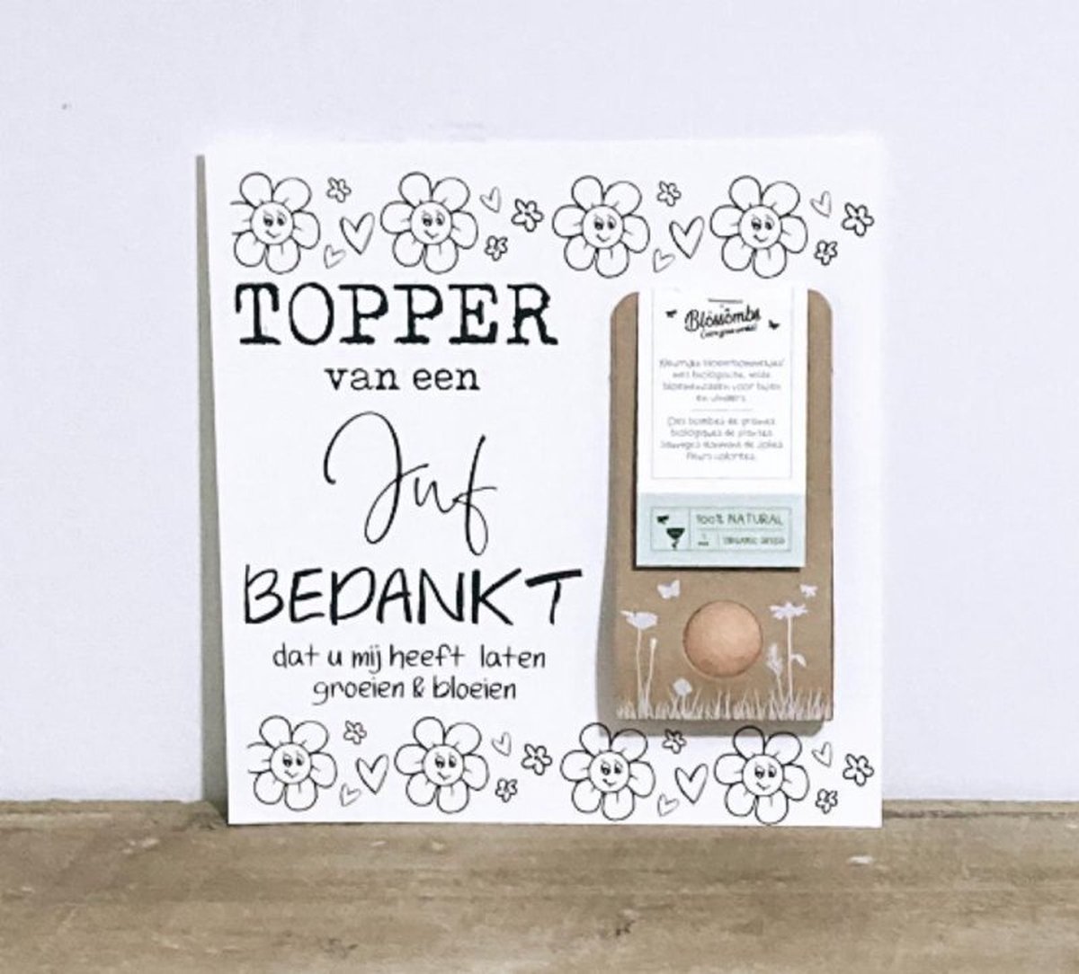 Cadeau juf afscheid juf juffen cadeau Bloemenzaadbom met kaart juf