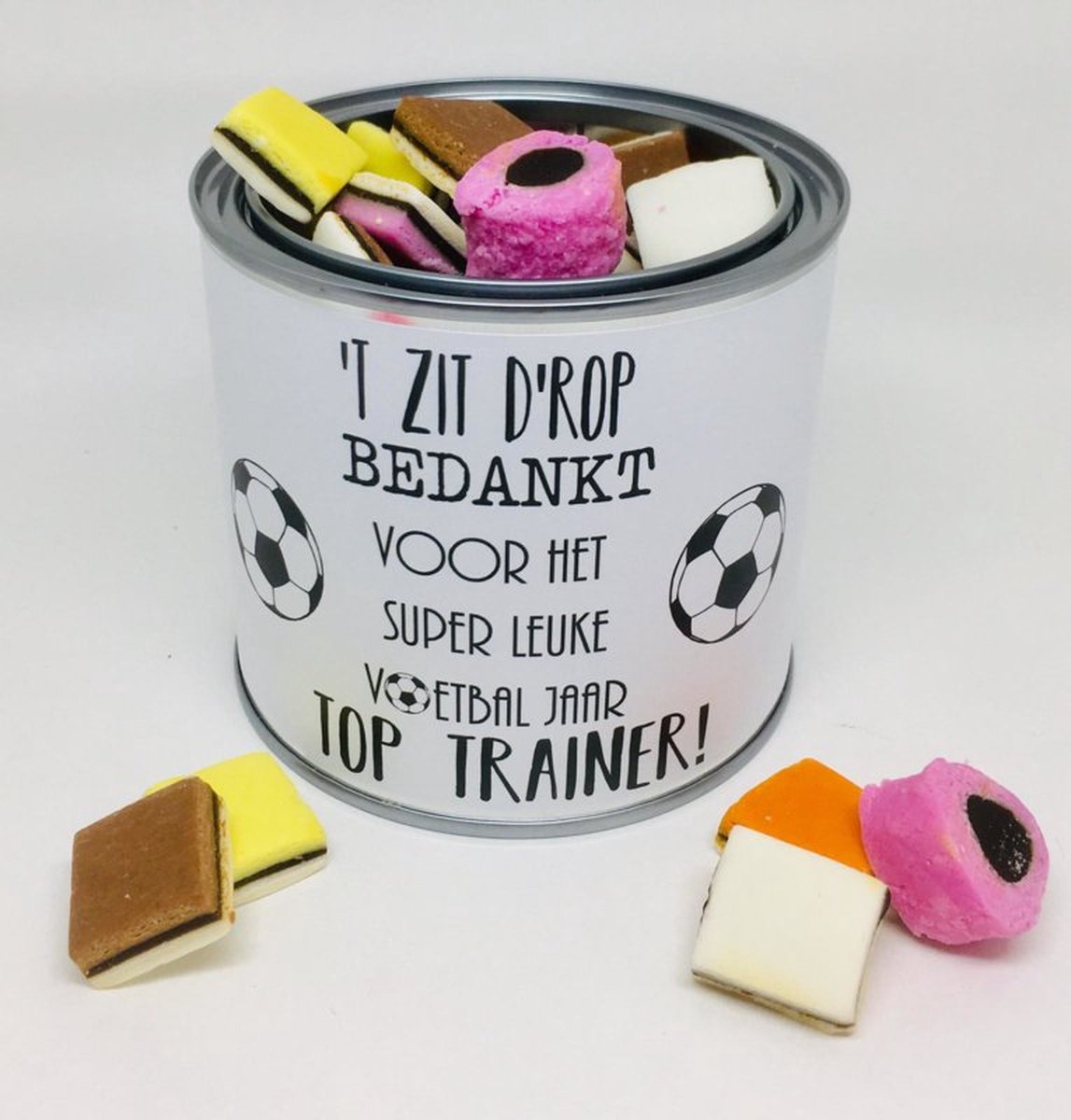 Trainer bedankje voetbal Trainer bedankt Voetbalseizoen Blik gevuld met drop + Kaart trainer