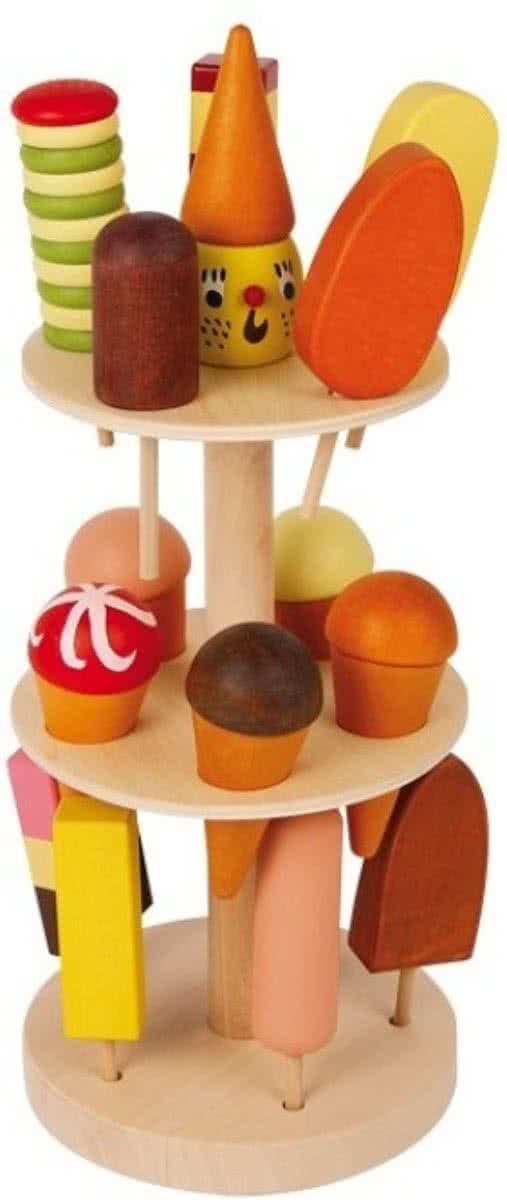 Etagère met 15 houten ijsjes.