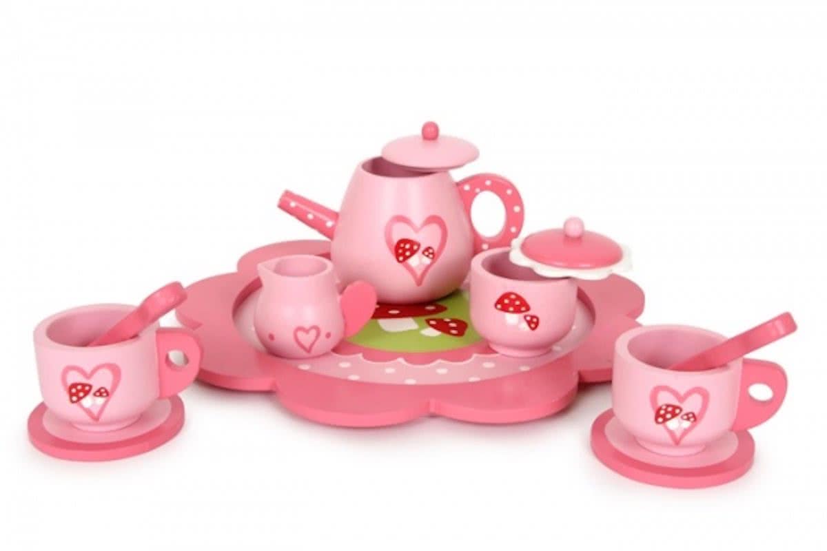 Houten speelgoed serviesje Vliegenzwam 12-delig