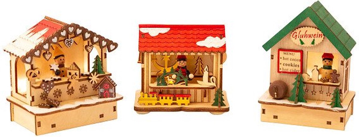 Small Foot - Houten Decoratie Kerstmarkt met Lampjes, Set van 3