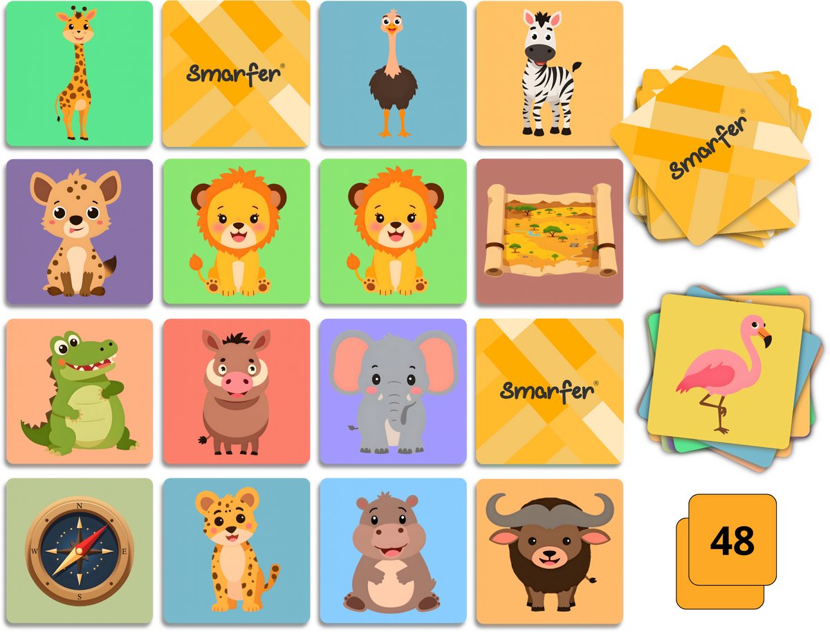 Smarfer Safari Memory Spel – 48 Kaartjes – Educatief Geheugenspel voor Kinderen en Volwassenen – Memory Spelletjes voor kinderen - Dieren Thema – Memo Spel - Kaartspellen