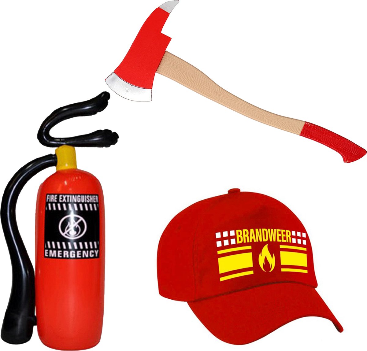 Brandweerman verkleed set - volwassenen - cap/petje - brandblusser - bijl van 61 cm - Carnaval accessoires