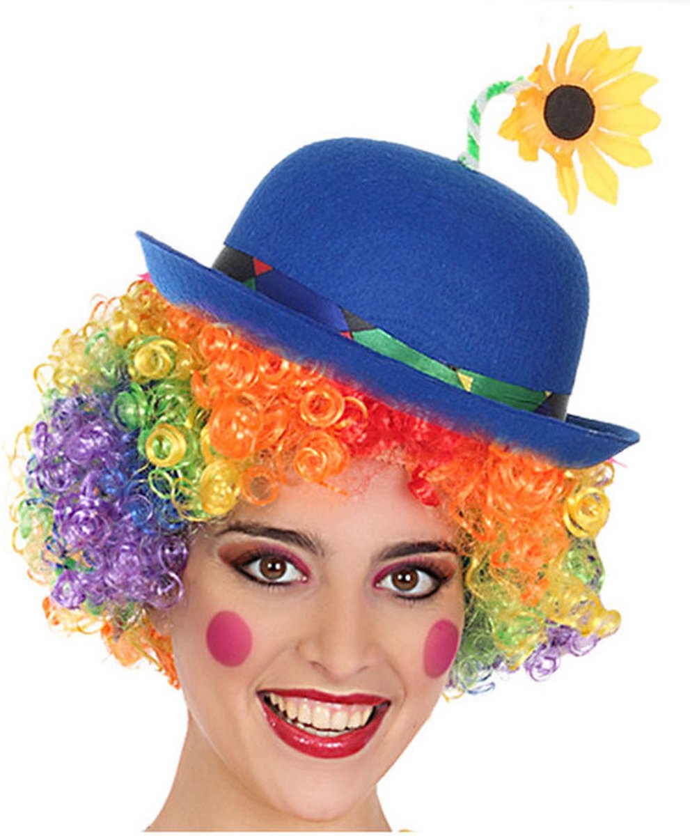 Clown verkleed set gekleurde pruik met bolhoed blauw met bloem - Carnaval clowns verkleedkleding en accessoires