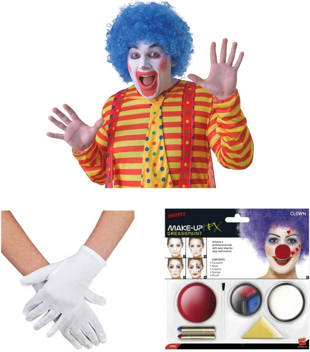 Clown verkleed set volwassenen - pruik blauw/schmink/neus/handschoenen