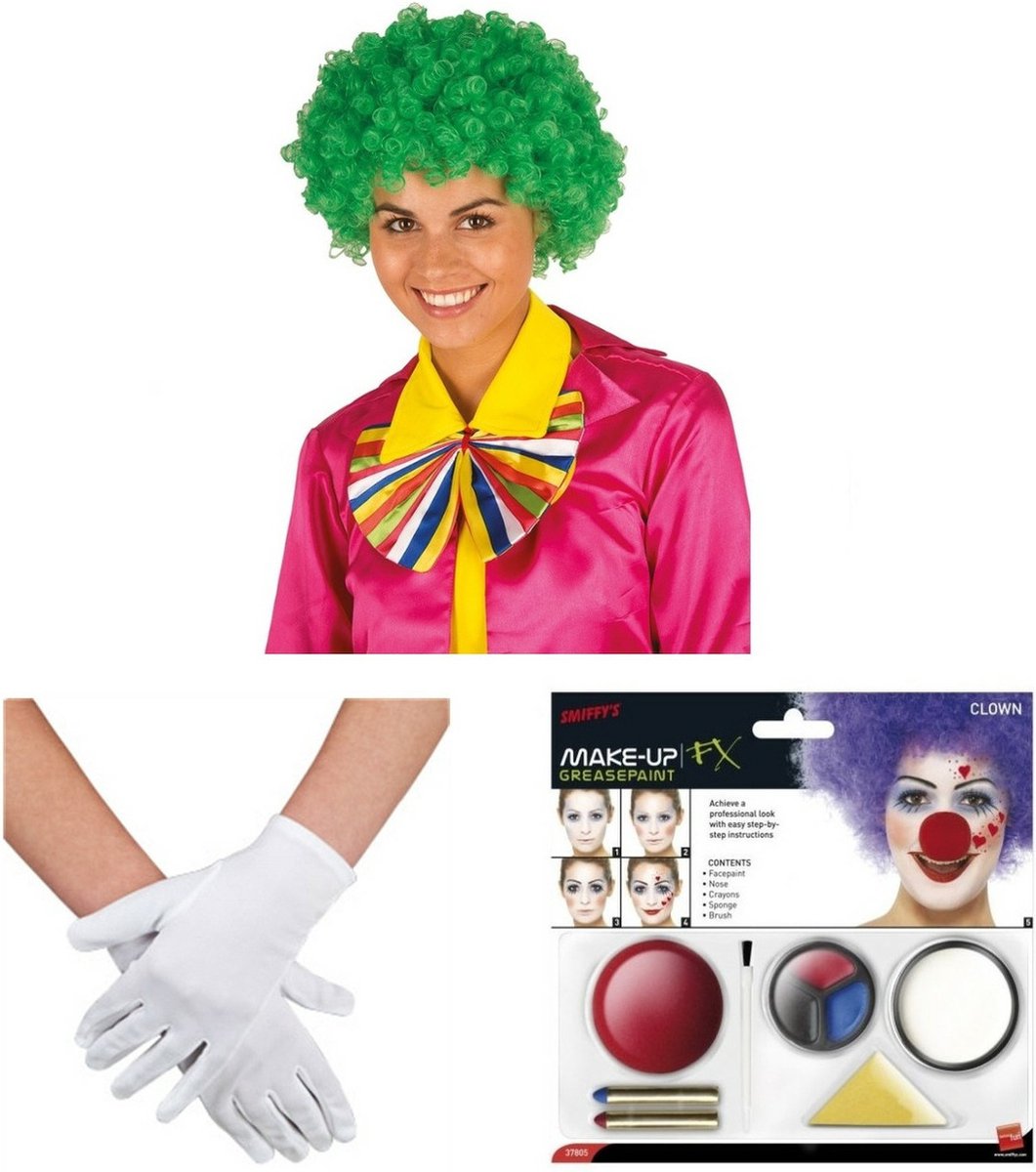 Clown verkleed set volwassenen - pruik groen/schmink/neus/handschoenen