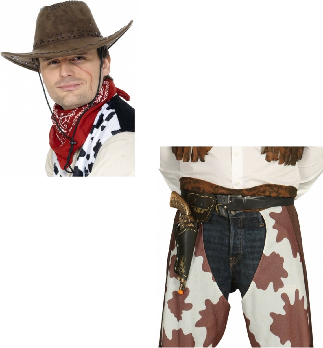 Cowboy hoed bruin met revolver/pistool in holster voor volwassenen