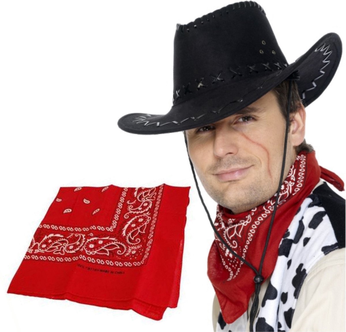 Cowboy verkleed set Cowboyhoed zwart suede look met rode western zakdoek