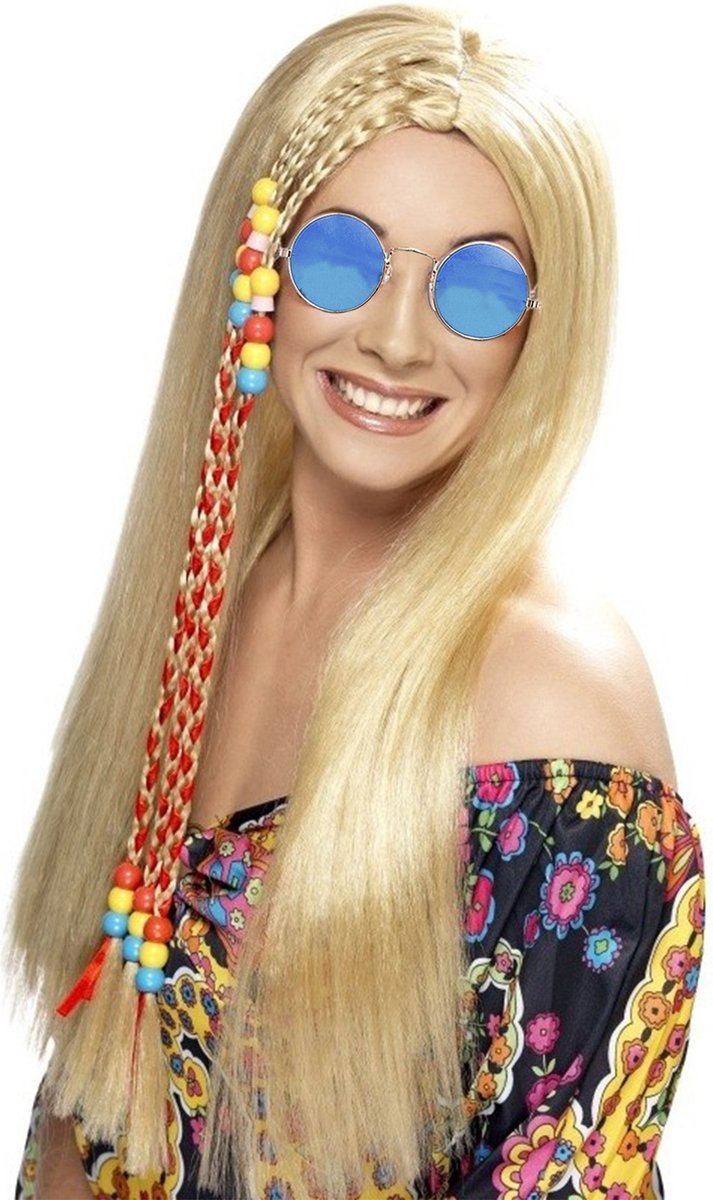 Dames Flower Power Hippie Sixties verkleed set blonde pruik en ronde blauwe bril
