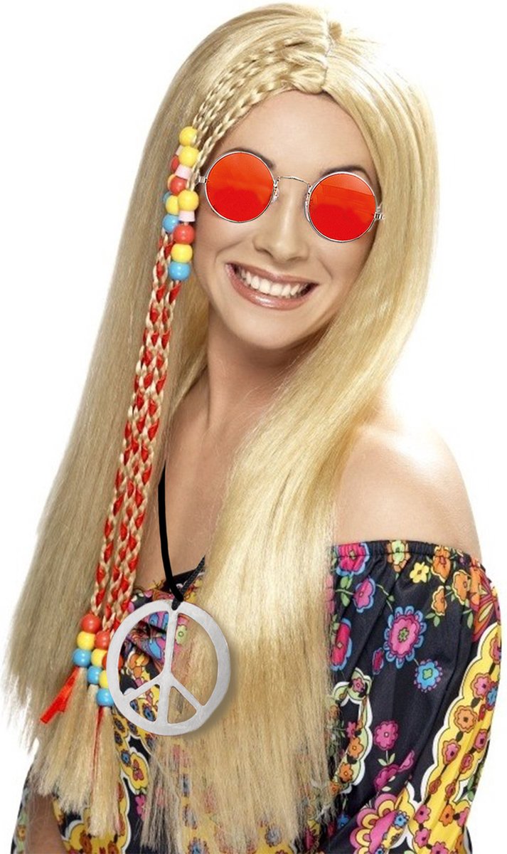 Dames Flower Power Hippie Sixties verkleed set blonde pruik en ronde oranje bril en peace teken ketting