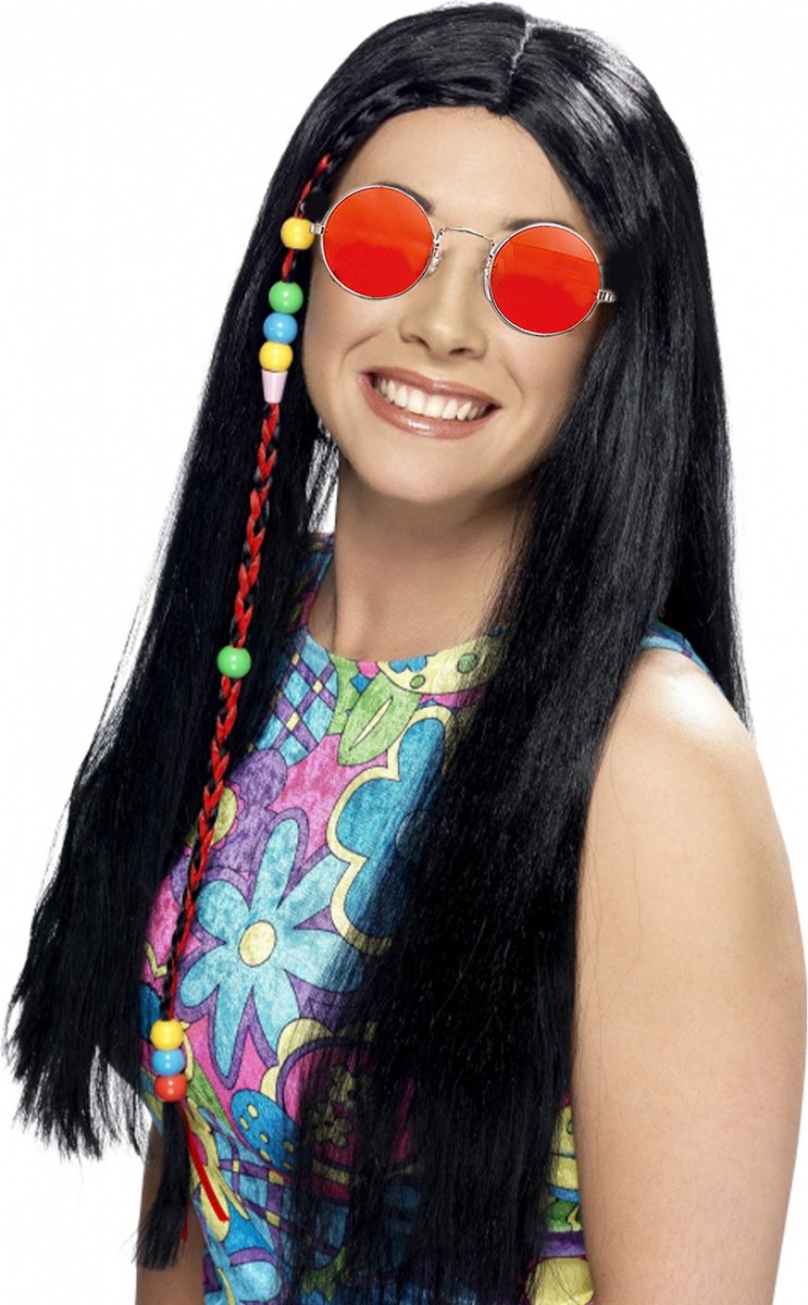 Dames Flower Power Hippie Sixties verkleed set zwarte pruik en ronde oranje bril