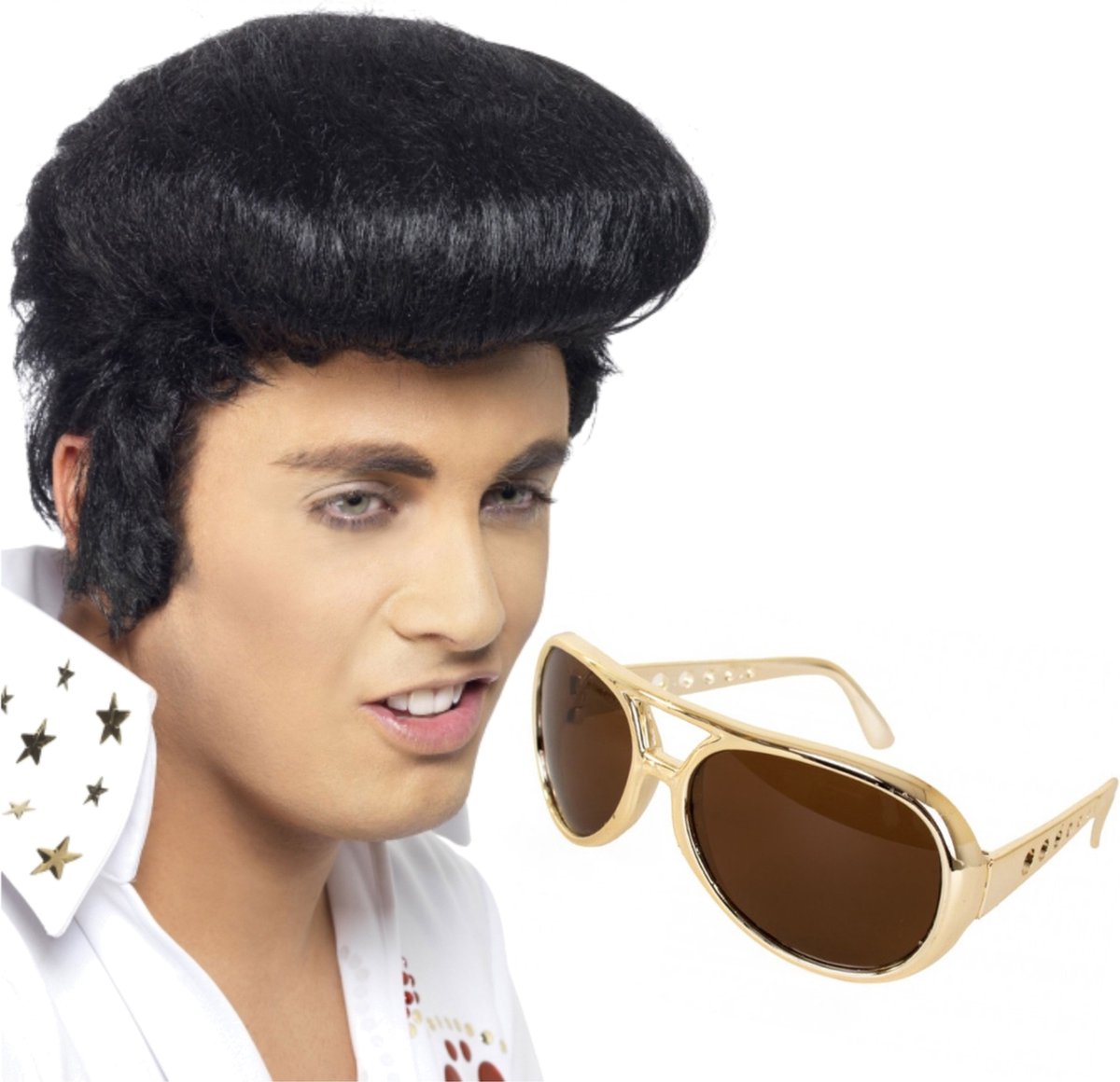Elvis verkleed set pruik zwart en bril voor heren - Rock and Roll thema uit de jaren 50/60