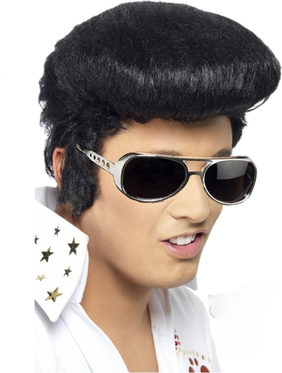 Elvis verkleed set pruik zwart en bril voor heren - Rock and Roll thema uit de jaren 60