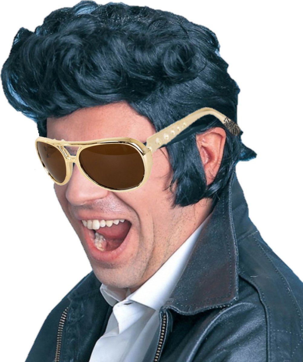 Elvis verkleed set pruik zwart en gouden Elvis bril voor heren - Rock and Roll thema uit de jaren 50 en 60