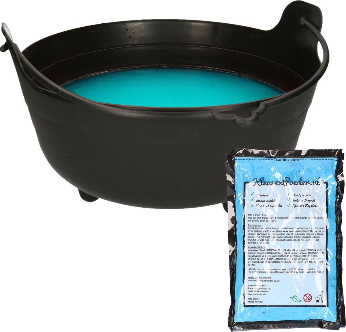 Halloween heksenketel/kookpot met heksensoep - 28 cm - incl. kleurpoeder blauw