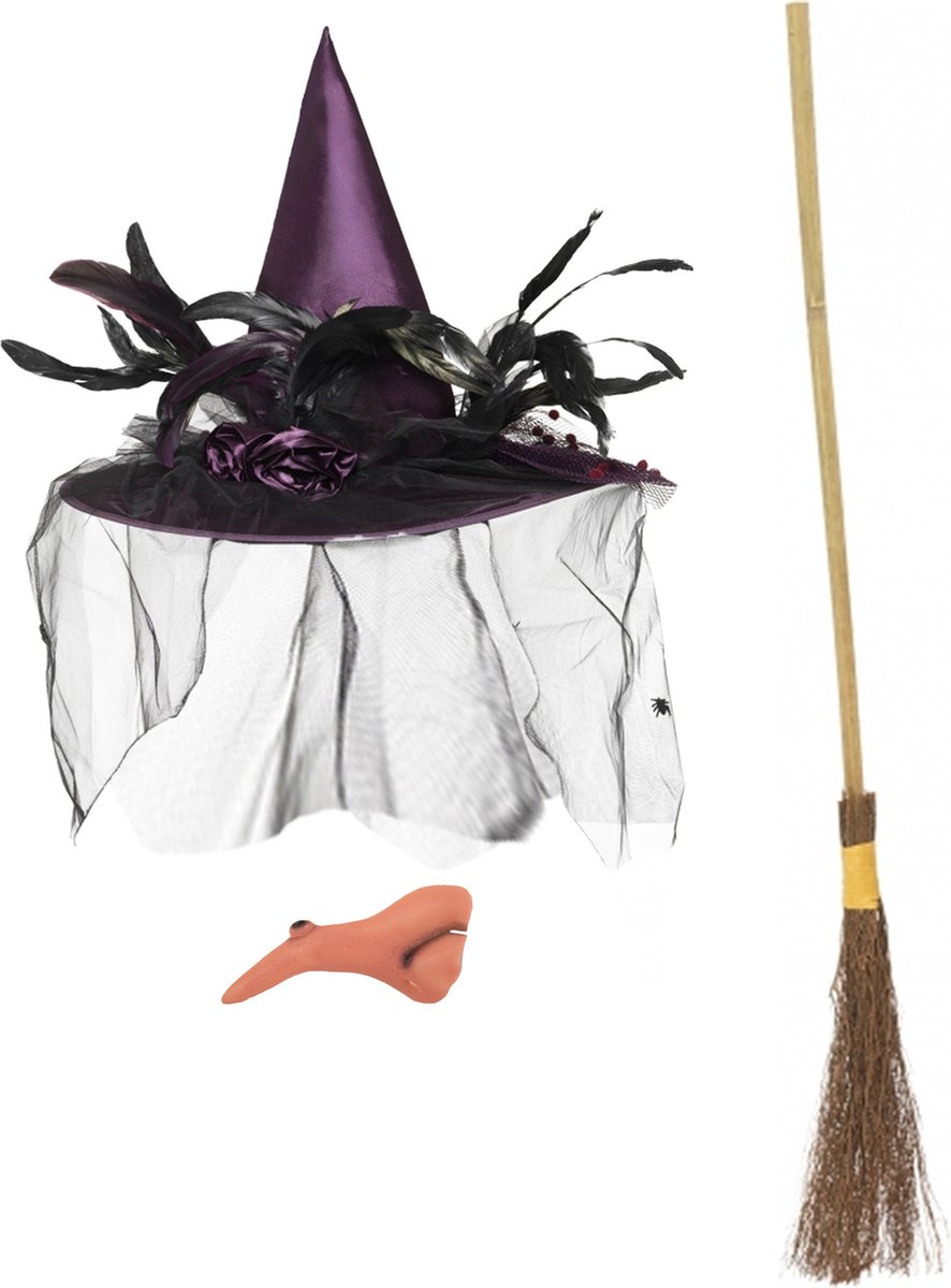 Heksen verkleed set dames heksenhoed met bezem
