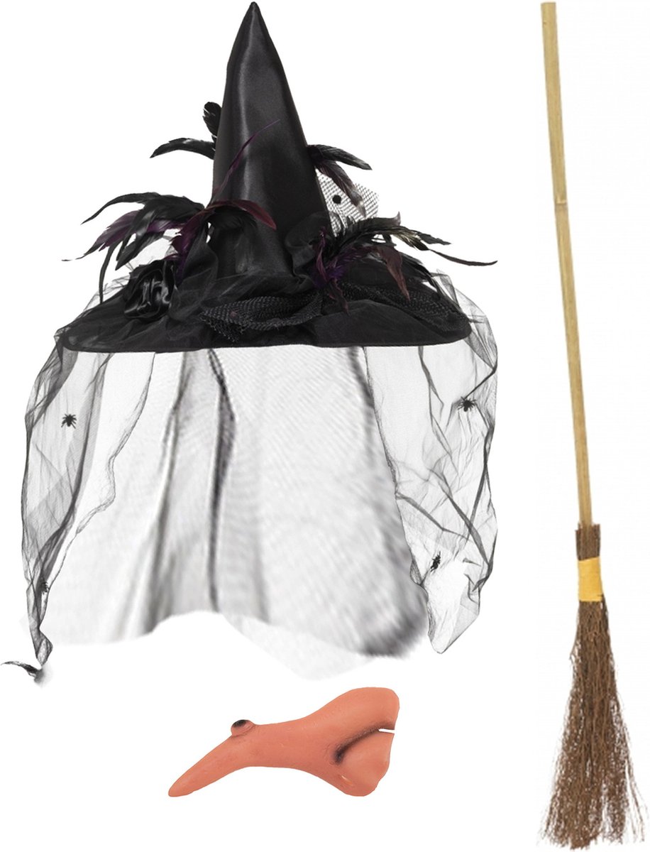 Heksen verkleed set dames heksenhoed met bezem