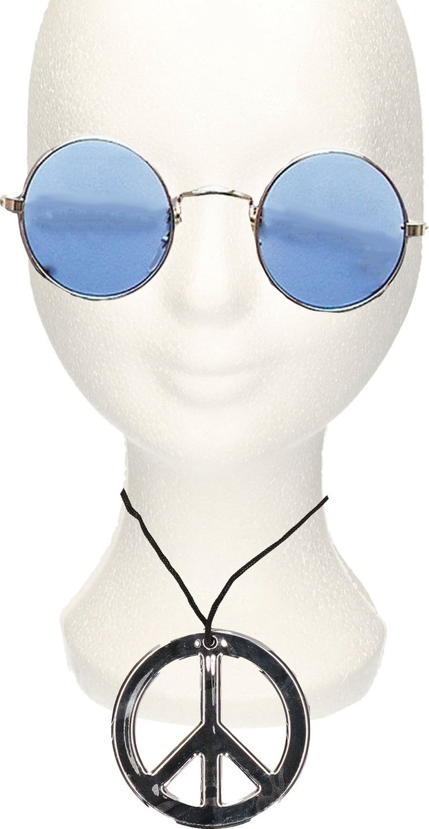Hippie Flower Power verkleed set peace-teken ketting met ronde glazen zonnebril blauw