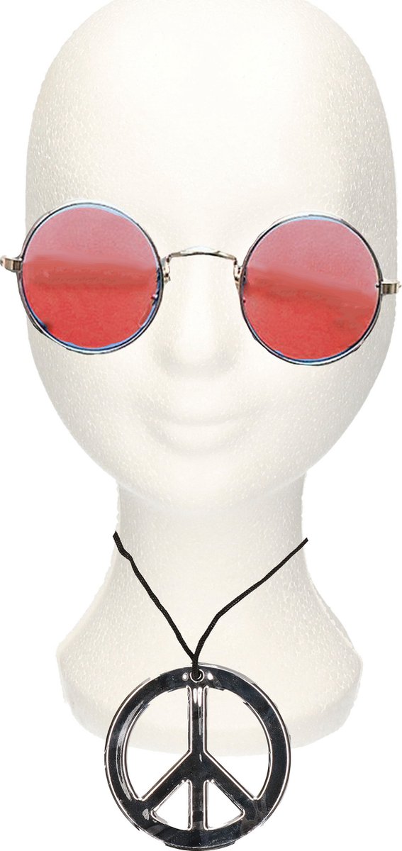 Hippie Flower Power verkleed set peace-teken ketting met ronde glazen zonnebril oranje