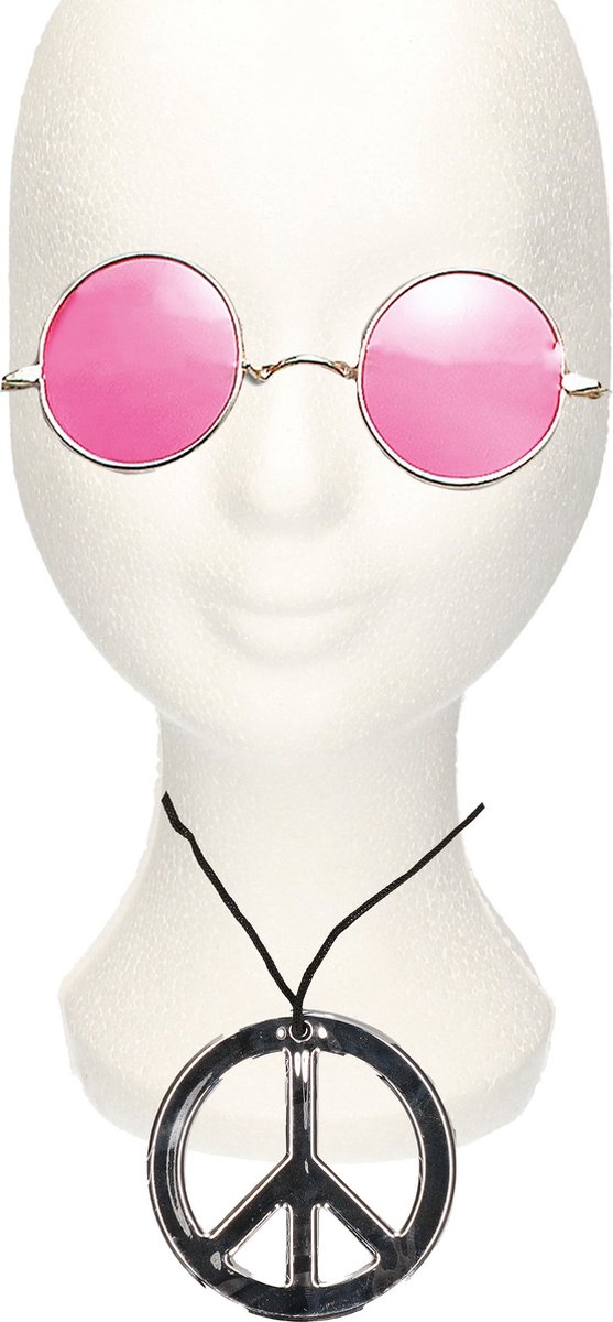 Hippie Flower Power verkleed set peace-teken ketting met ronde lichtroze glazen zonnebril