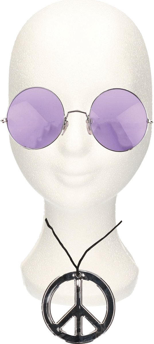 Hippie Flower Power verkleed set peace-teken ketting met ronde paarse XL glazen zonnebril
