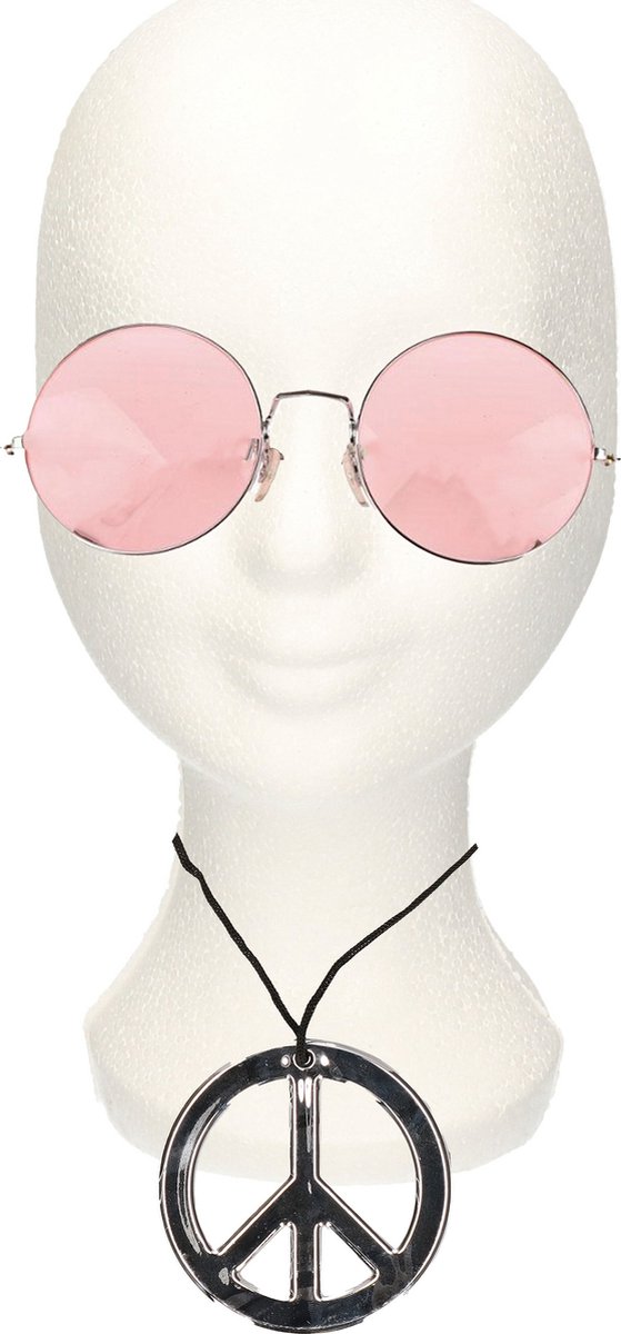 Hippie Flower Power verkleed set peace-teken ketting met ronde roze XL glazen zonnebril
