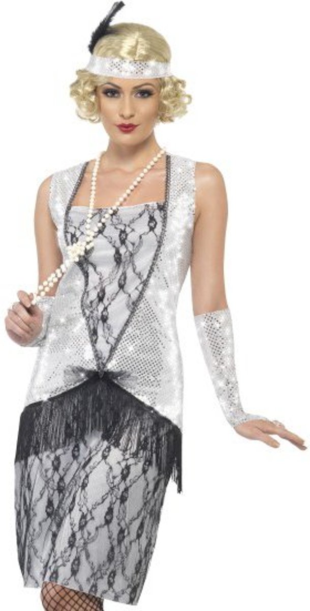 Jaren 20 Charleston jurkje met hoofdband en handschoenen L (44-46)