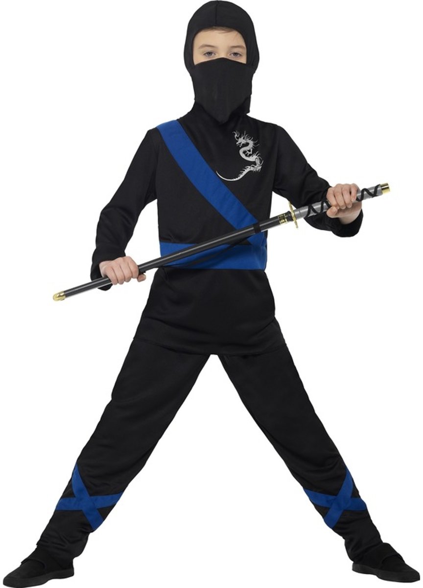 Ninja kostuum zwart/blauw voor kinderen - verkleedpak 145-158 (10-12 jaar)