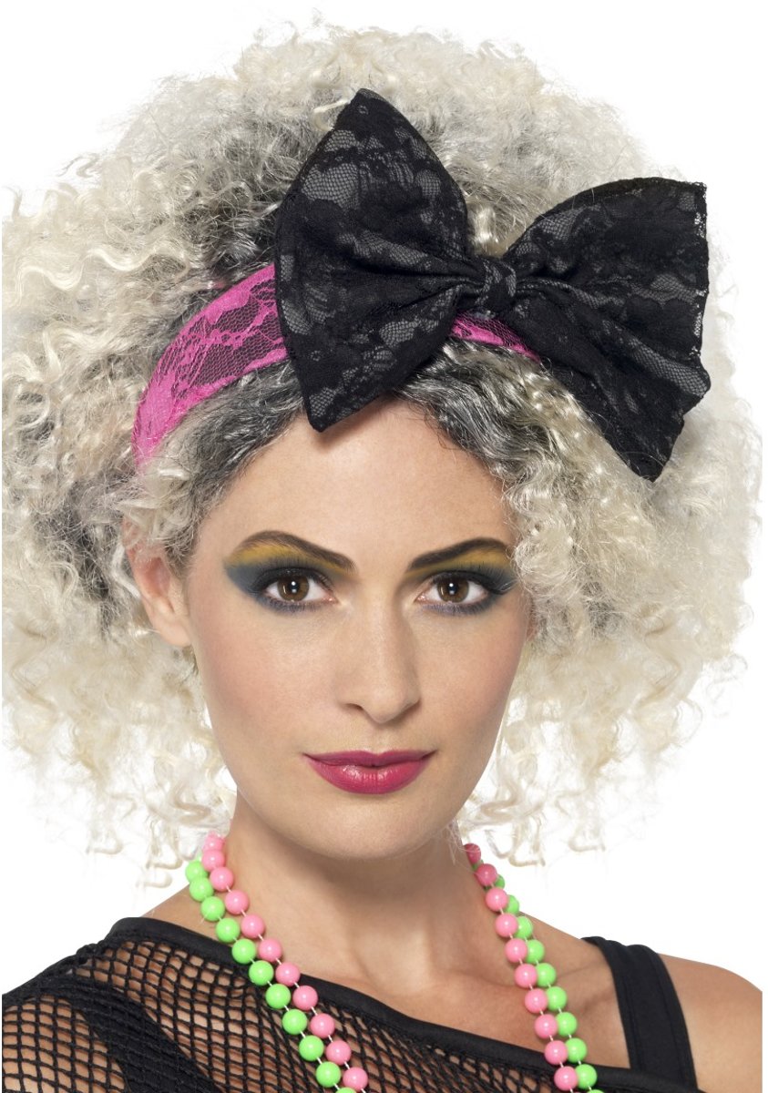 Roze kanten haarband met grote zwarte strik van kant - Jaren 80 - Foute Party