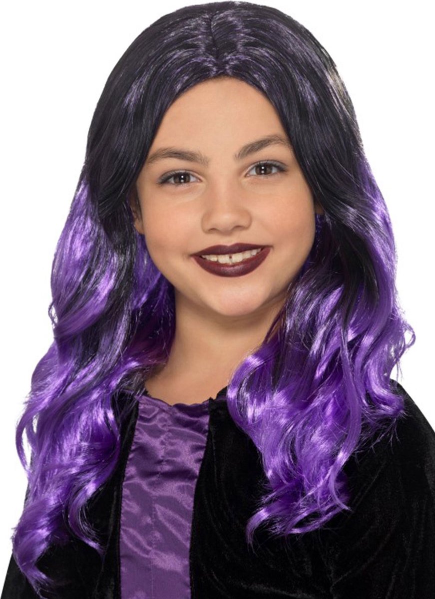 SMIFFYS - Lange zwarte en paarse pruik voor kinderen - Pruiken
