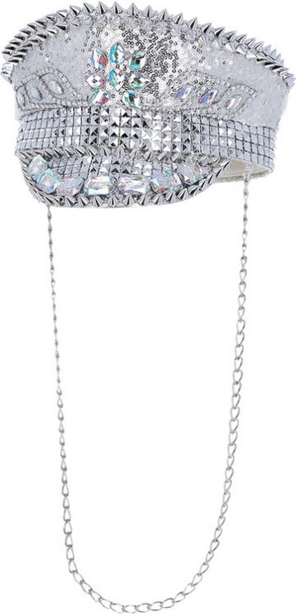 Smiffys - Coachella Festival Kleding - Zilveren Shiny Army Kapitein Hoed Met Glinsterstenen - zilver - Carnavalskleding - Verkleedkleding