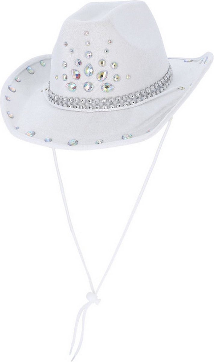   - Cowboy & Cowgirl Kostuum - Glowboy Hoed Wit Met Strass - wit / beige - Carnavalskleding - Verkleedkleding