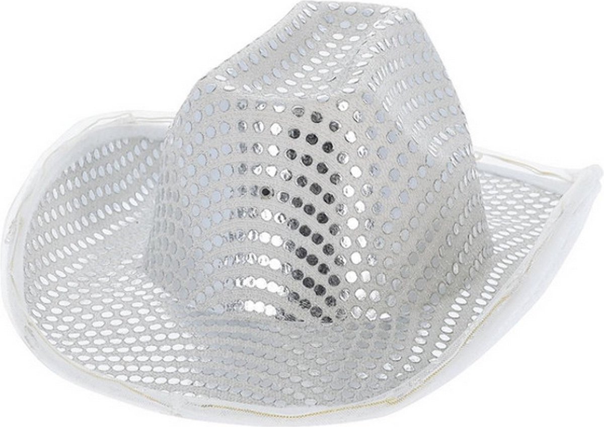 Smiffys - Cowboy & Cowgirl Kostuum - Led Licht Op Cowboy Hoed Zilver Met Pailletten - zilver - Carnavalskleding - Verkleedkleding