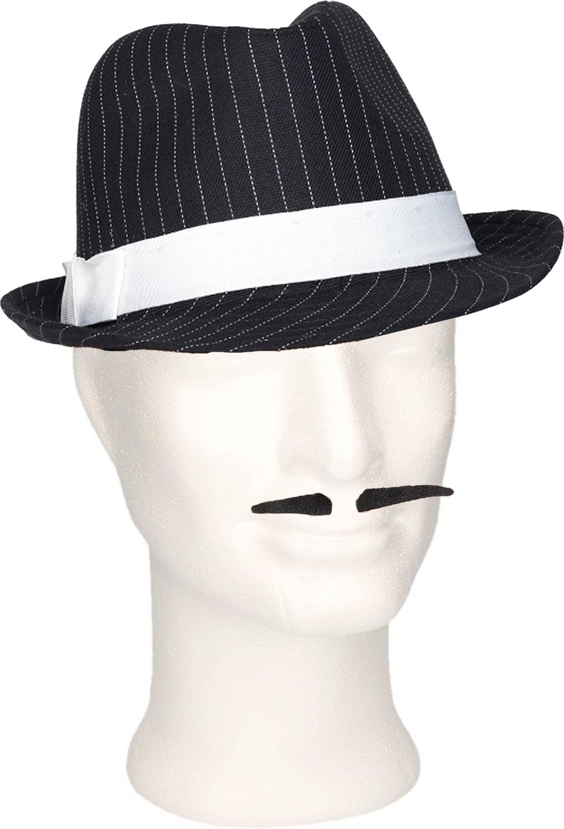   - Gangster/Maffia verkleed set hoed zwart/wit met snorretje