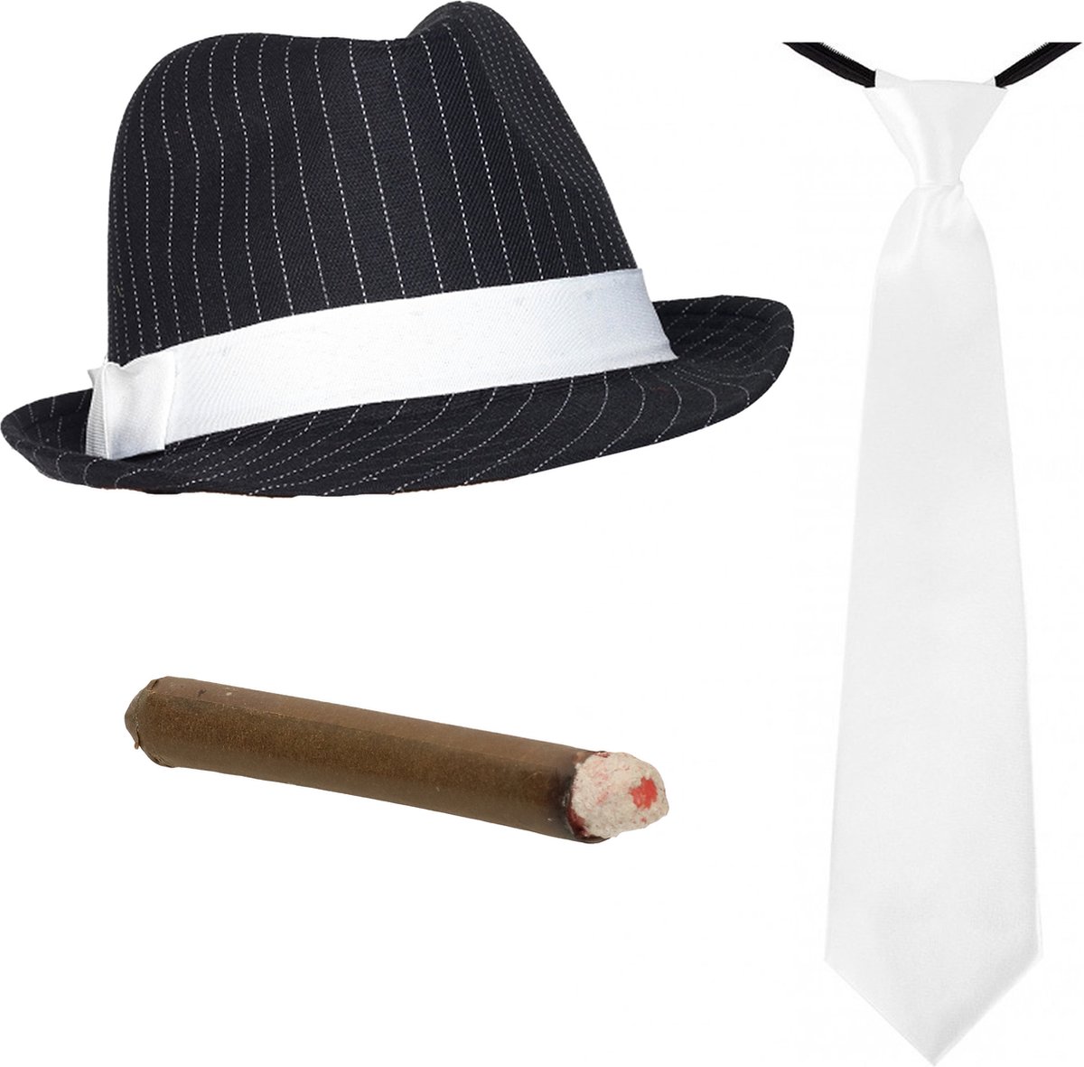   - Gangster/Maffia verkleed set hoed zwart/wit met witte stropdas en vette sigaar