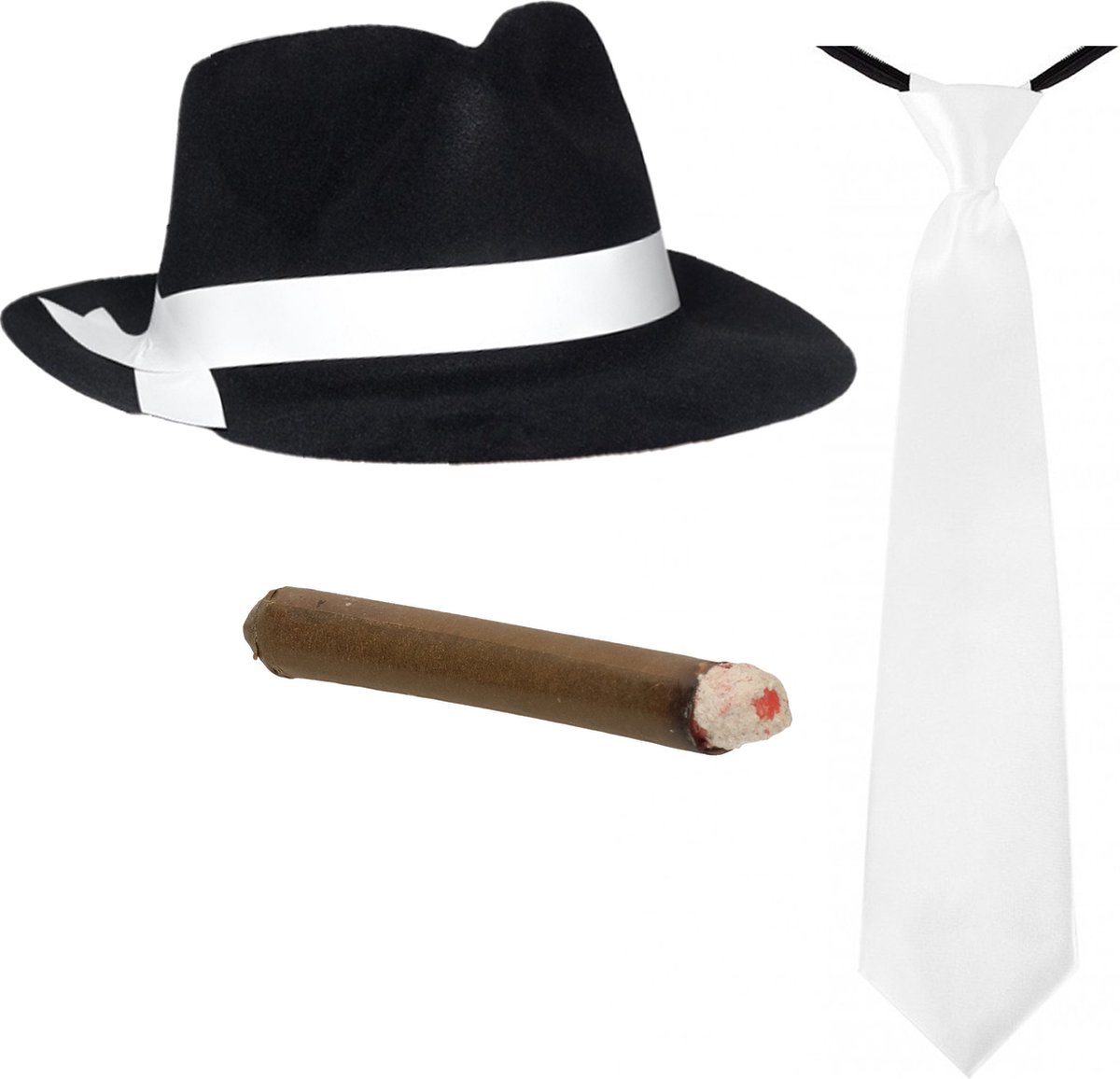   - Gangster/Maffia verkleed set hoed zwart/wit met witte stropdas en vette sigaar
