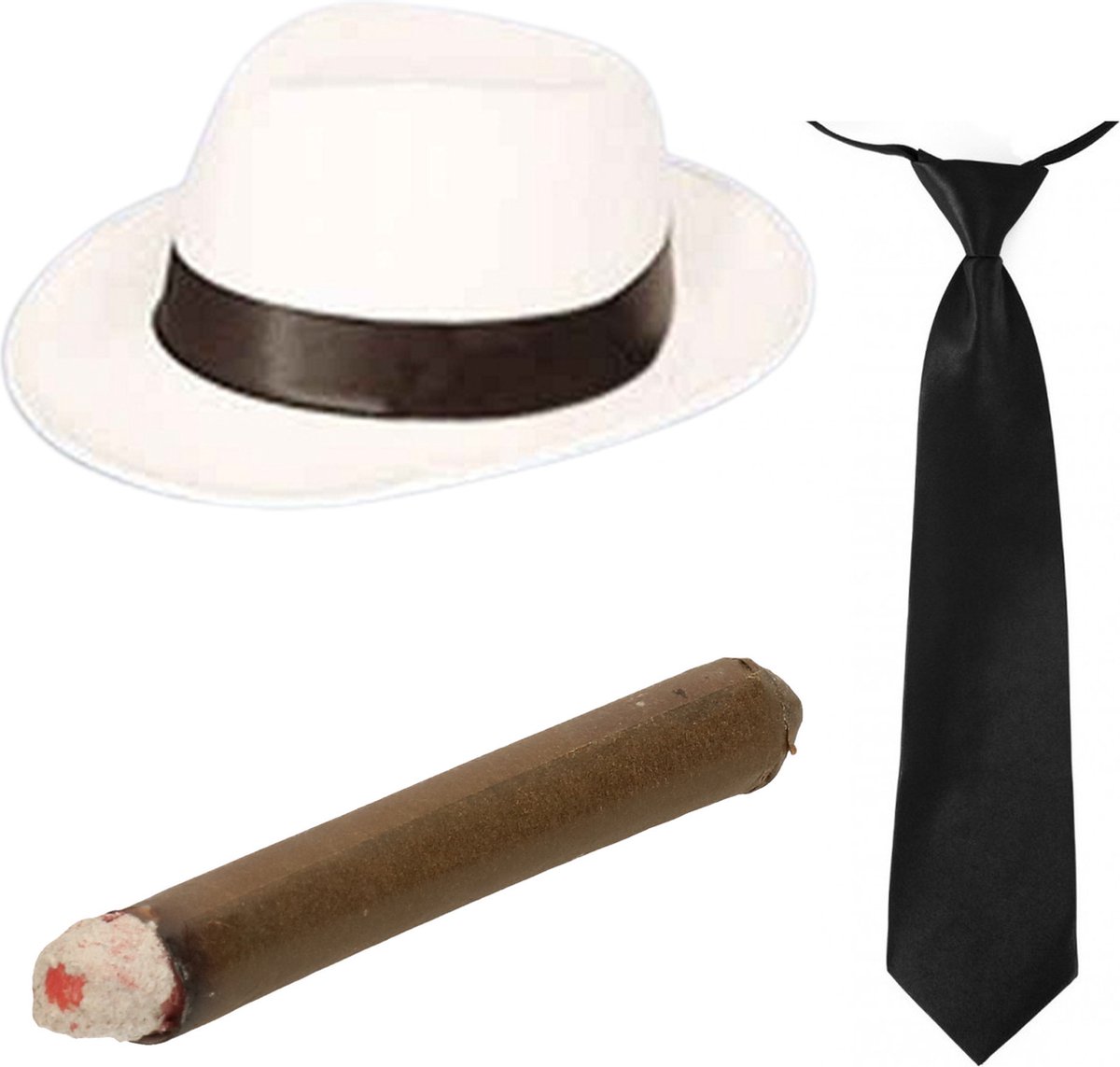   - Gangster/maffia verkleed hoed wit - stropdas en vette sigaar