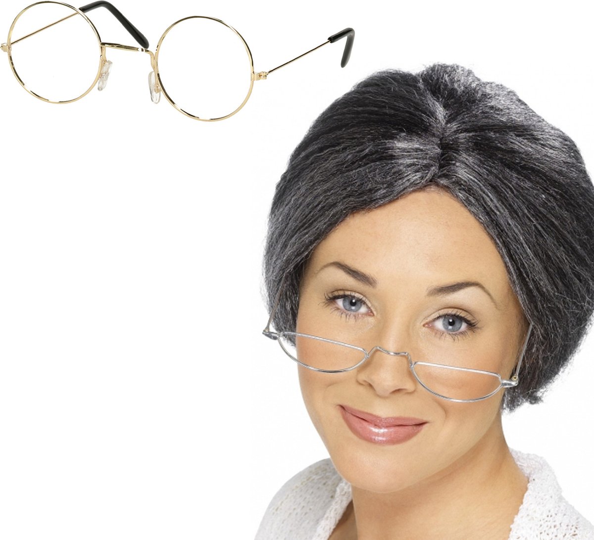   - Oma Sarah carnaval verkleed set pruik en brilletje