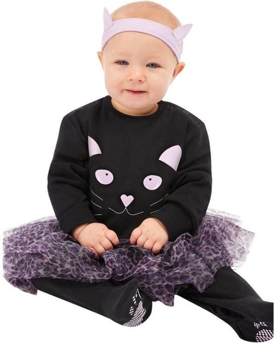   - Poes & Kat Kostuum - Baby Poezenjurk Meisje - roze,zwart - 9 - 12 Maanden - Carnavalskleding - Verkleedkleding