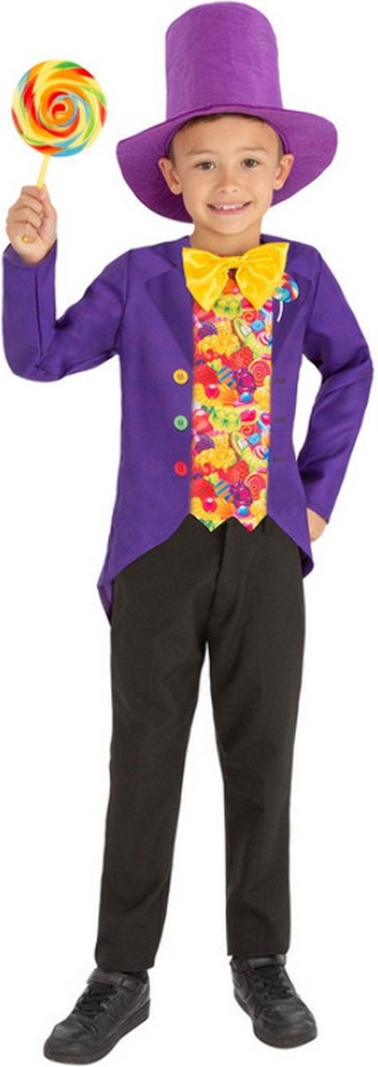   - Sjakie En De Chocoladefabriek Kostuum - Dol Op Snoepen - Jongen - geel,paars - Small - Carnavalskleding - Verkleedkleding
