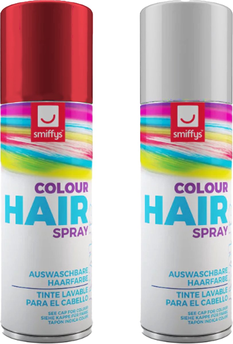   Carnaval verkleed hoofdhaar verf/spuitspray - wit en rood - spuitbussen - 125 ml p/st