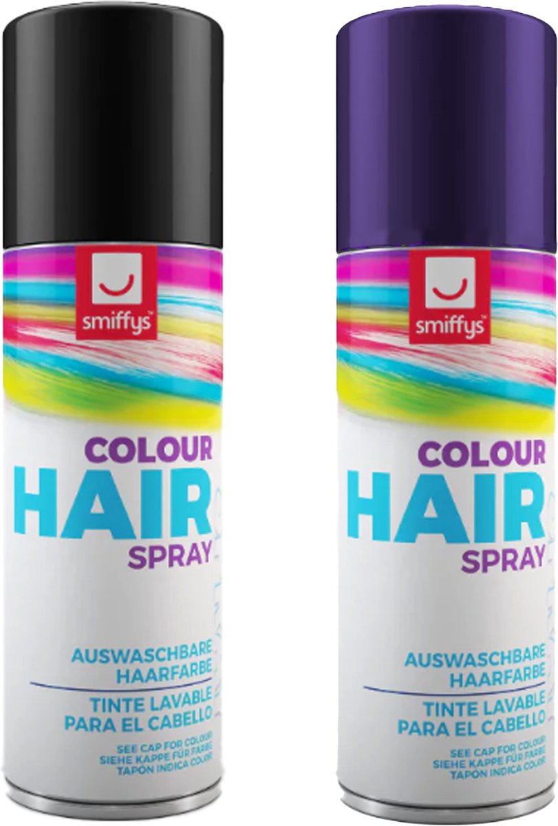   Carnaval verkleed hoofdhaar verf/spuitspray - zwart en paars - spuitbussen - 125 ml p/st